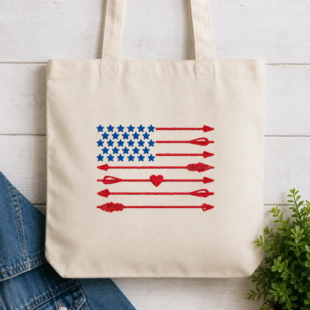 USA American Flag Embroidery Design with Arrow tote bag
