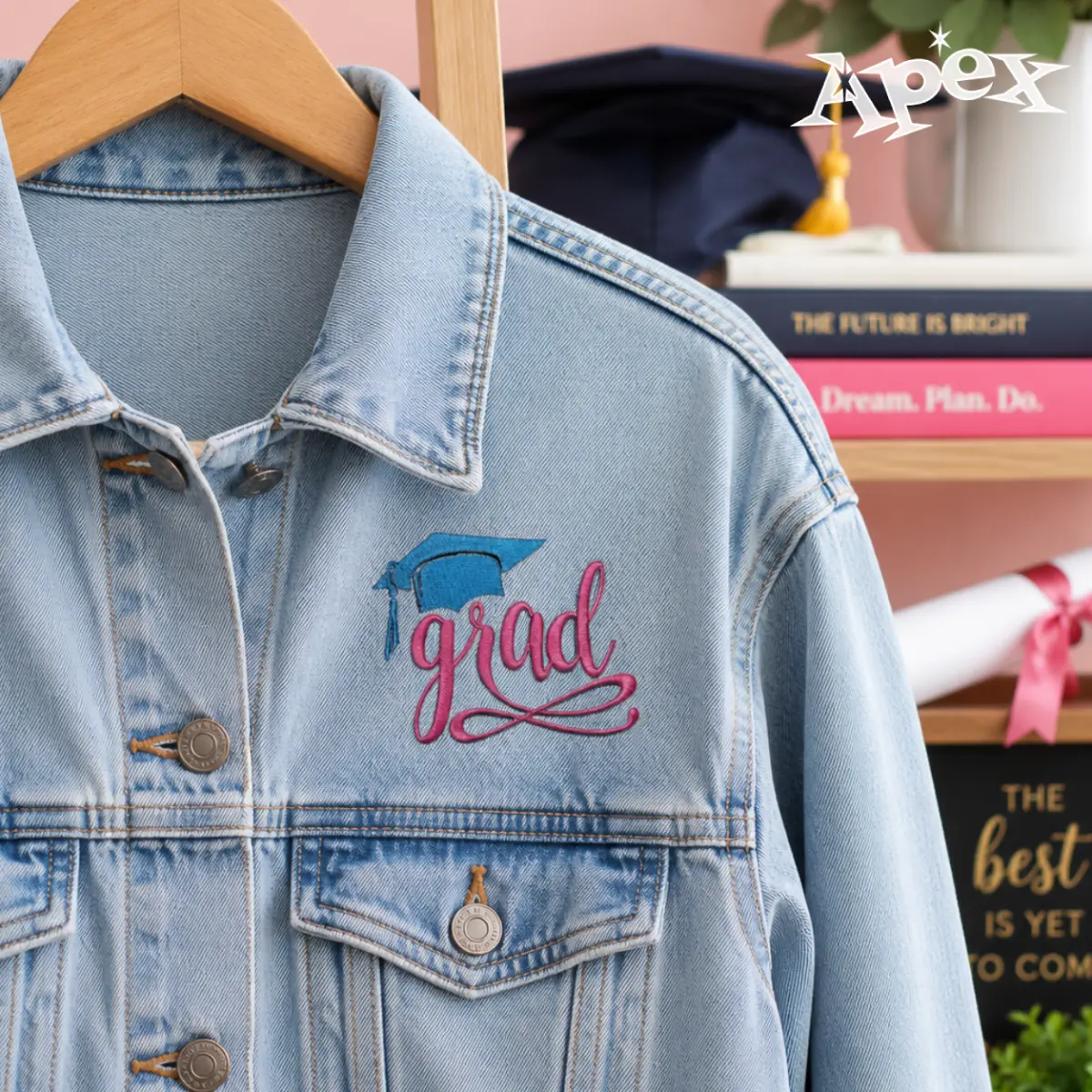 Grad Graduation Hat Embroidery Design denim jacket