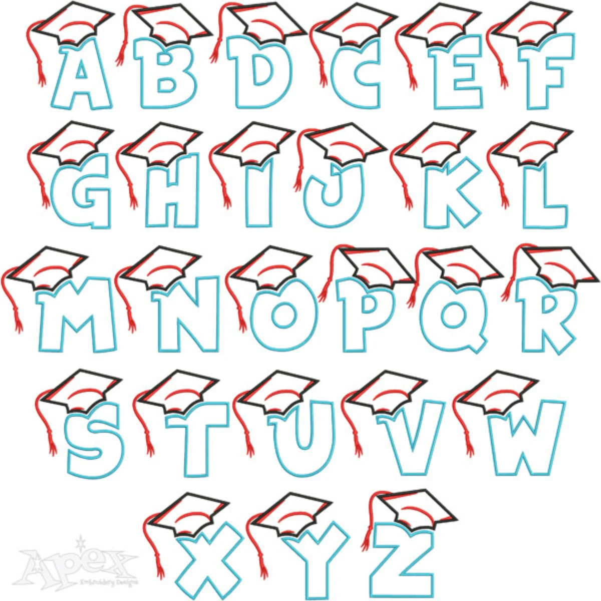 Graduation Cap Embroidery Font alphabet