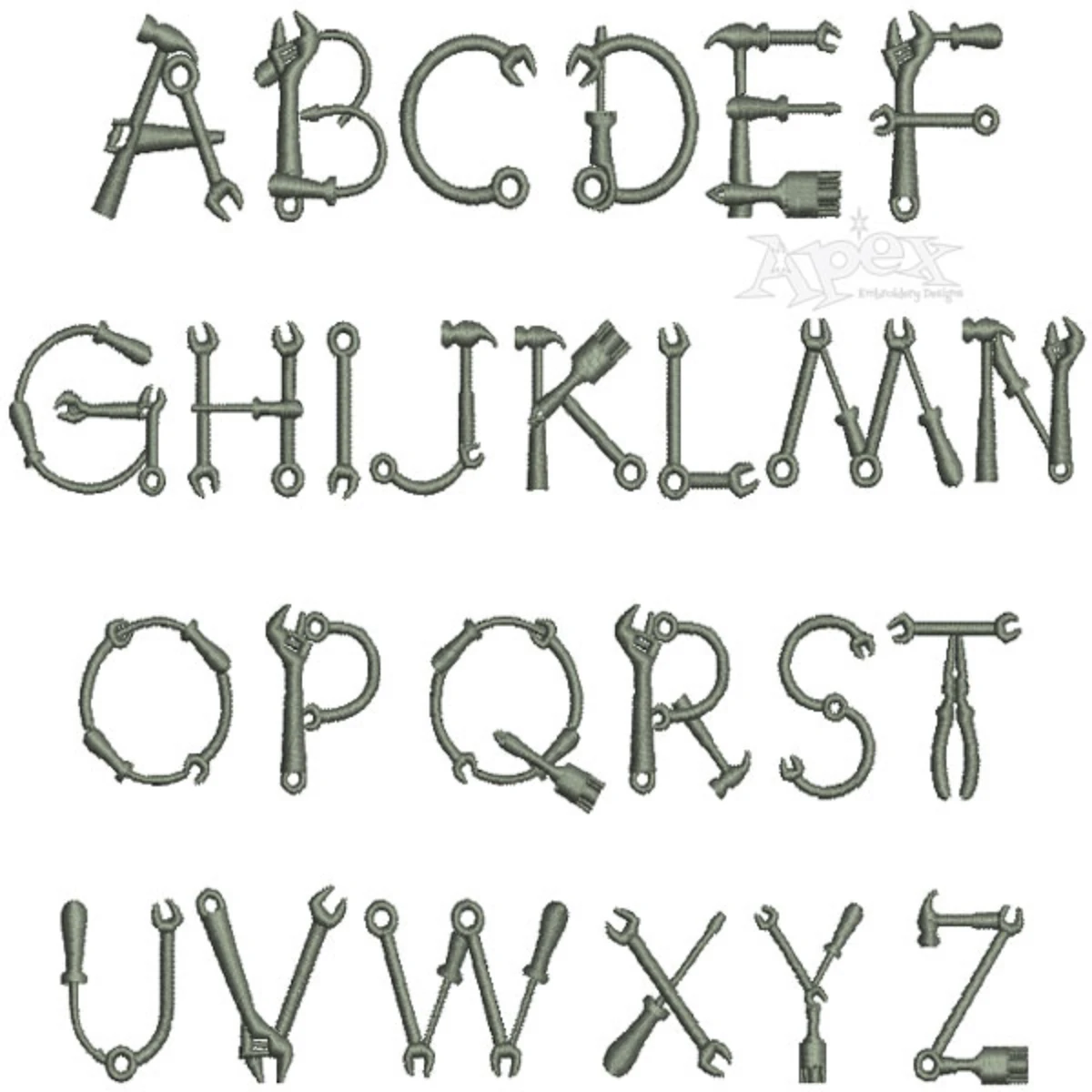 Hand Tools Embroidery Font alphabet