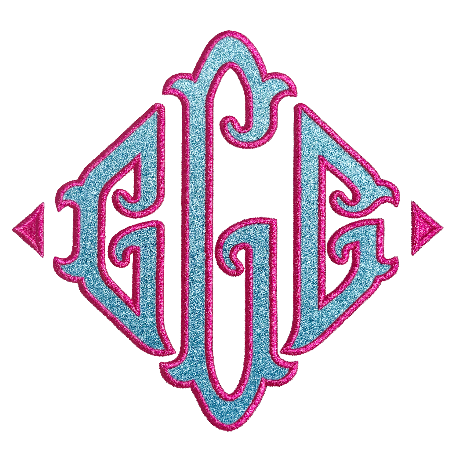 Fishtail Pillow Diamond Applique Monogram Embroidery Font sample