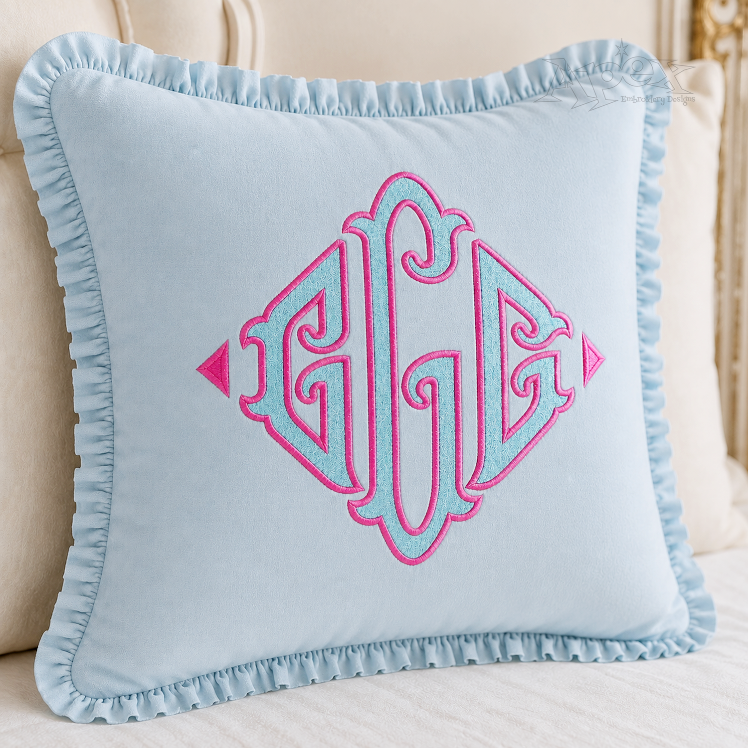 Fishtail Pillow Diamond Applique Monogram Embroidery Font