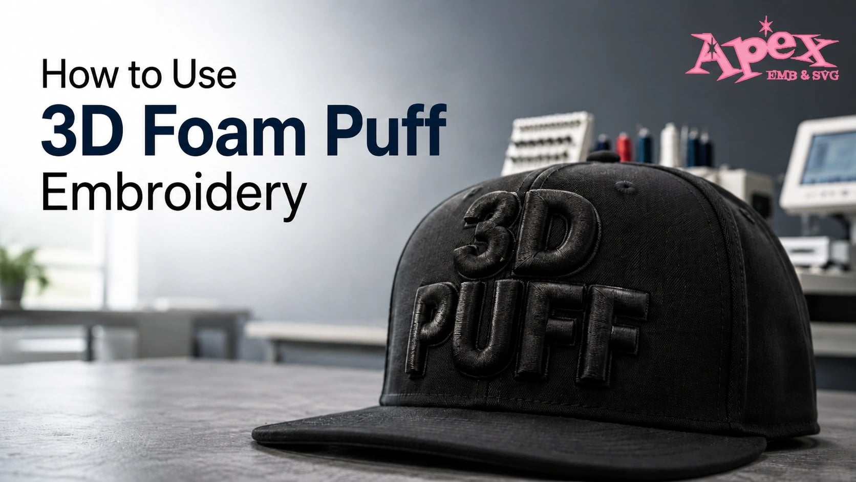 Black cap with raised 3D foam puff embroidery in a professional embroidery studio.