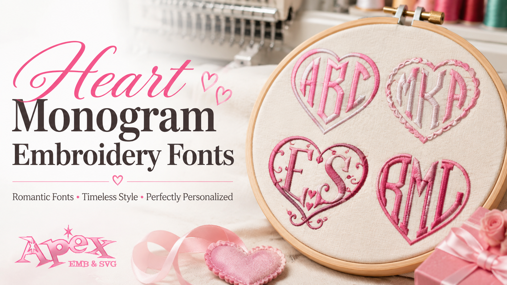 Heart monogram embroidery fonts by Apex displayed in pink embroidered heart designs