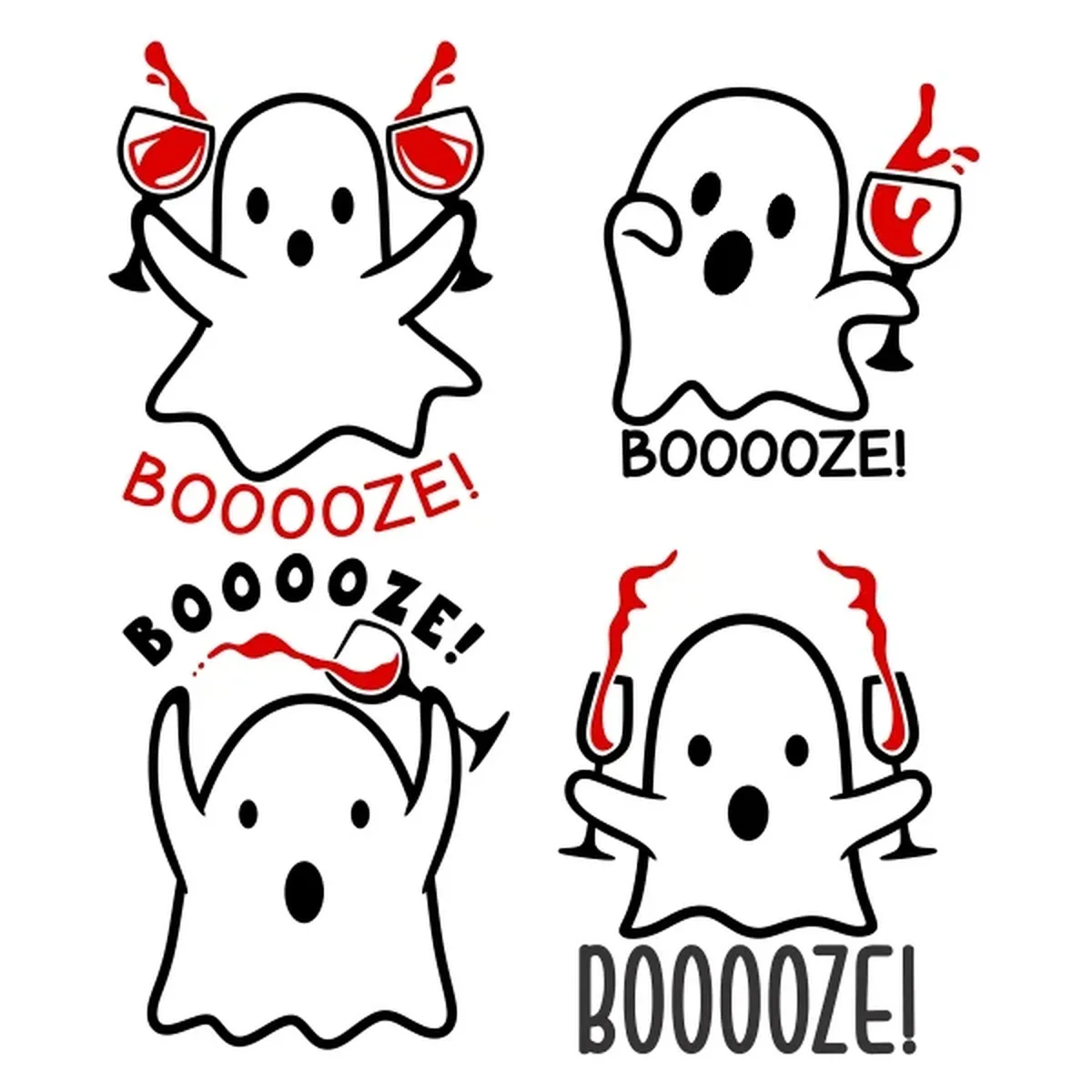 Booze Ghost SVG bundle preview showing four funny ghost and wine themed Halloween cut file designs