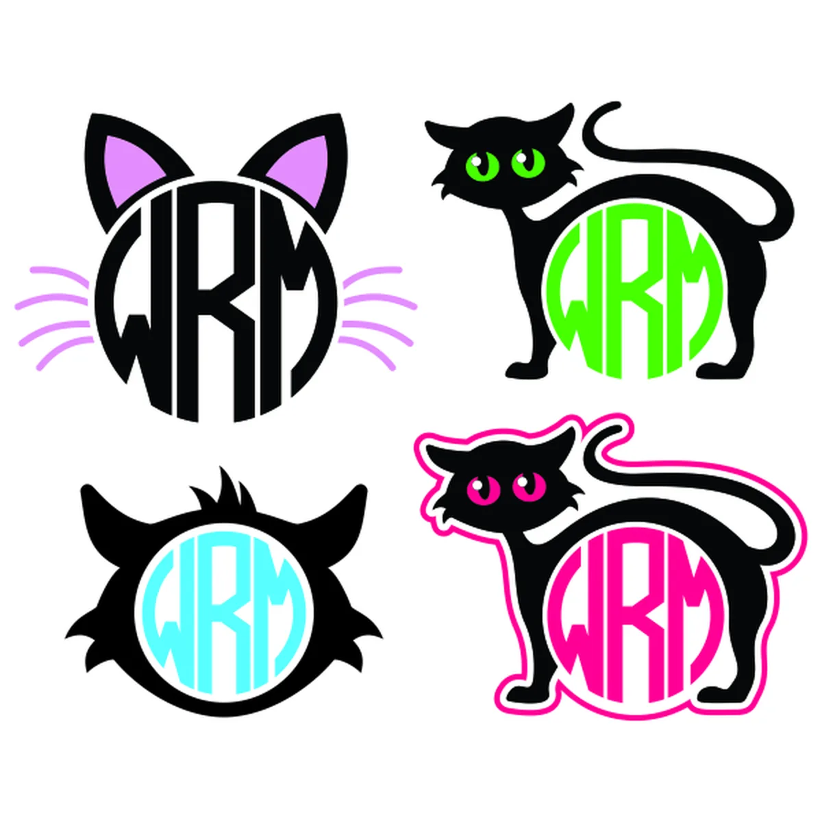 Cat monogram SVG frame bundle showing four black cat and cat face designs with customizable circle monograms in bright colors