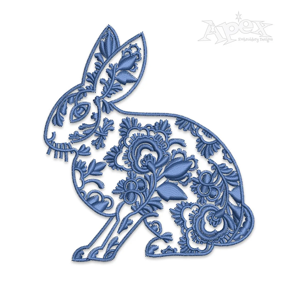 Blue floral Chinoiserie bunny machine embroidery design with detailed vintage-inspired rabbit pattern for Easter and spring projects