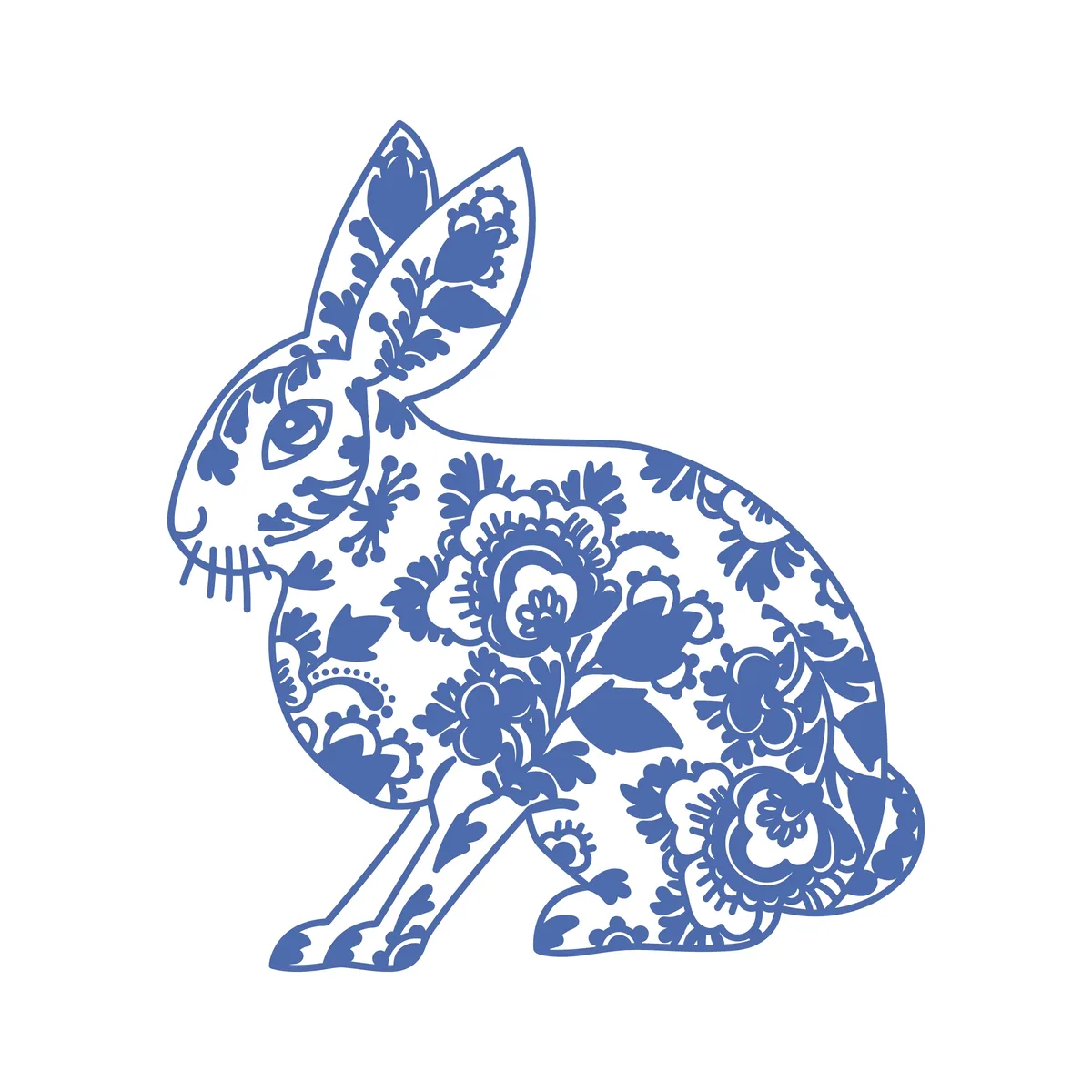 Blue Chinoiserie bunny SVG with detailed floral pattern for Easter, spring crafts and vintage-inspired projects