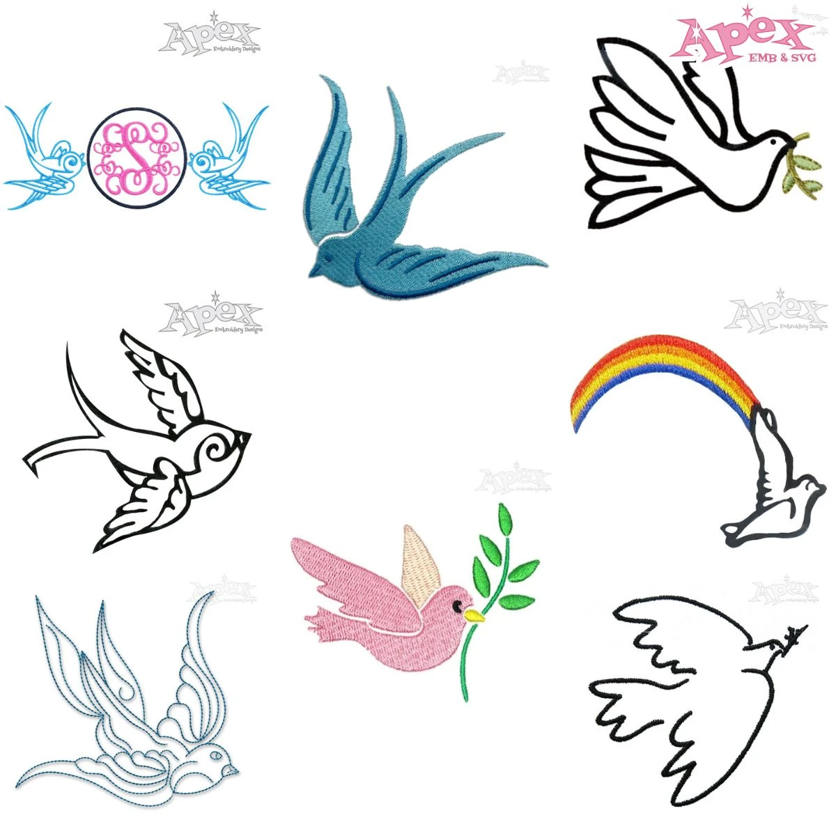 Dove and Sparrow Bird Embroidery Designs Bundle thumbnail