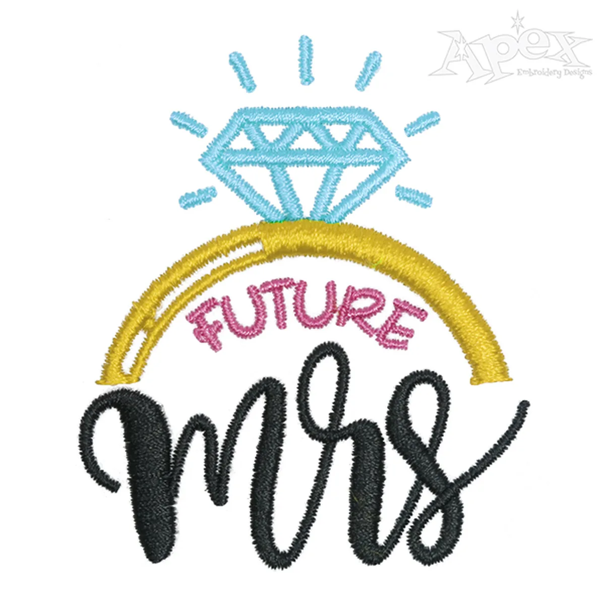 Future Mrs embroidery design with a blue diamond, gold ring, pink FUTURE lettering, and black script Mrs text