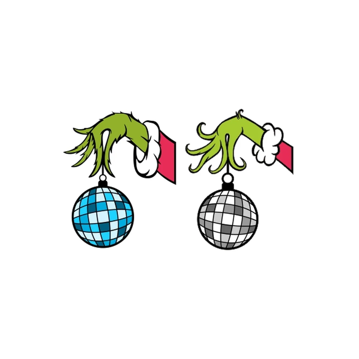 Grinch hand holding blue and silver disco ball SVG designs shown together as a Christmas digital cut file preview
