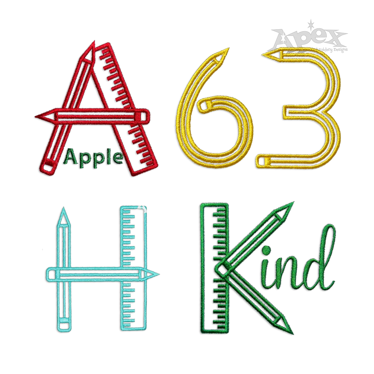 School embroidery font preview showing letter A, number 63, letter H and KIND designs with pencil and ruler details