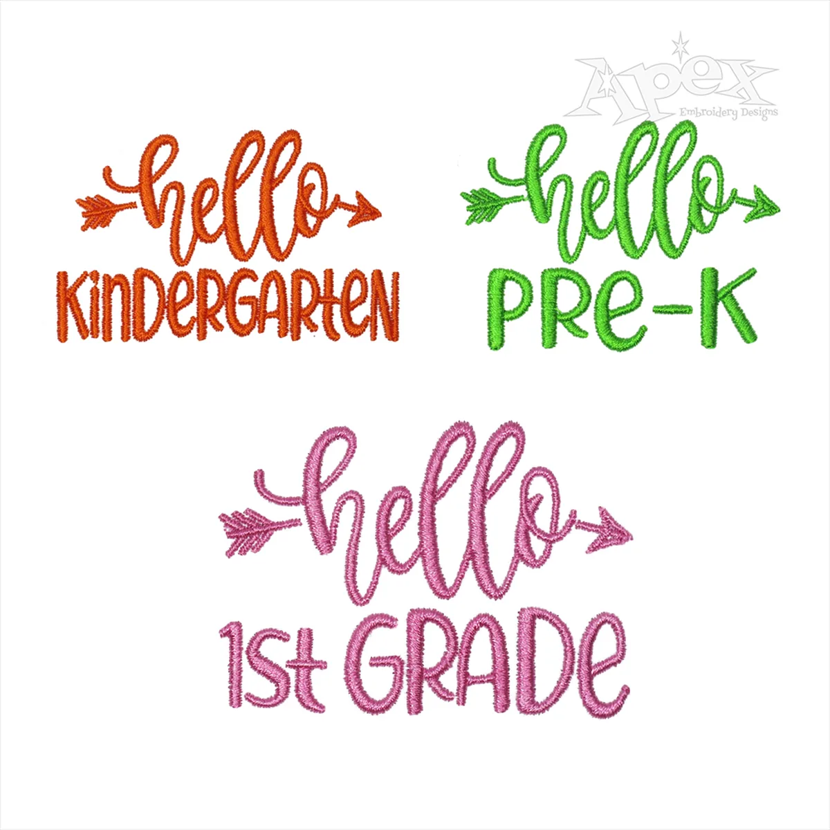 Hello School embroidery design bundle featuring Hello Pre-K, Hello Kindergarten and Hello 1st Grade machine embroidery designs