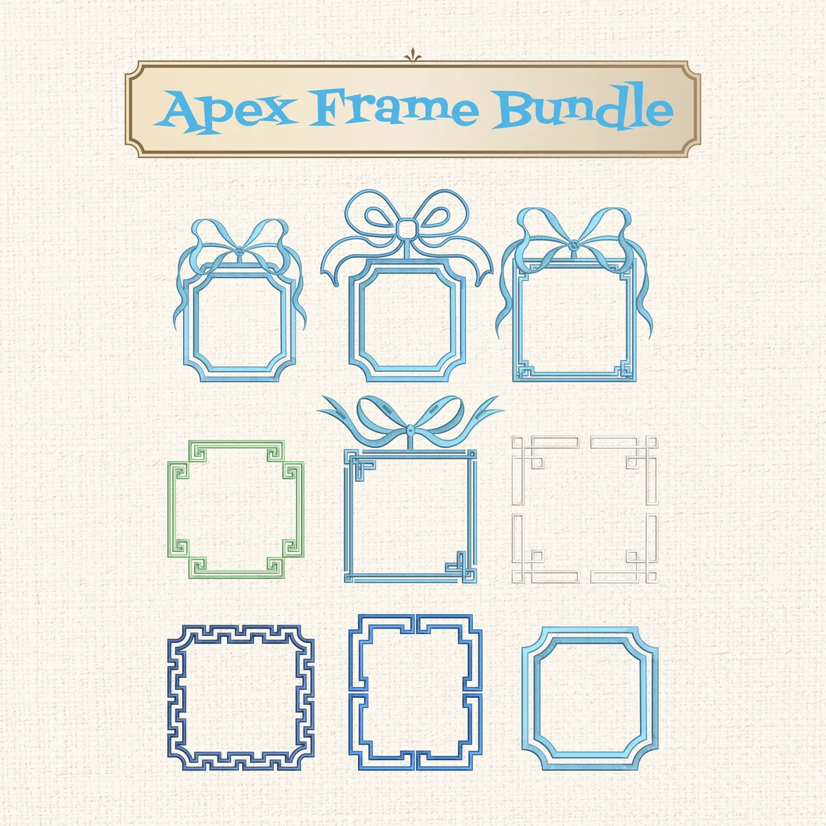 Monogram embroidery frame bundle featuring nine decorative frame designs with bows and geometric borders.