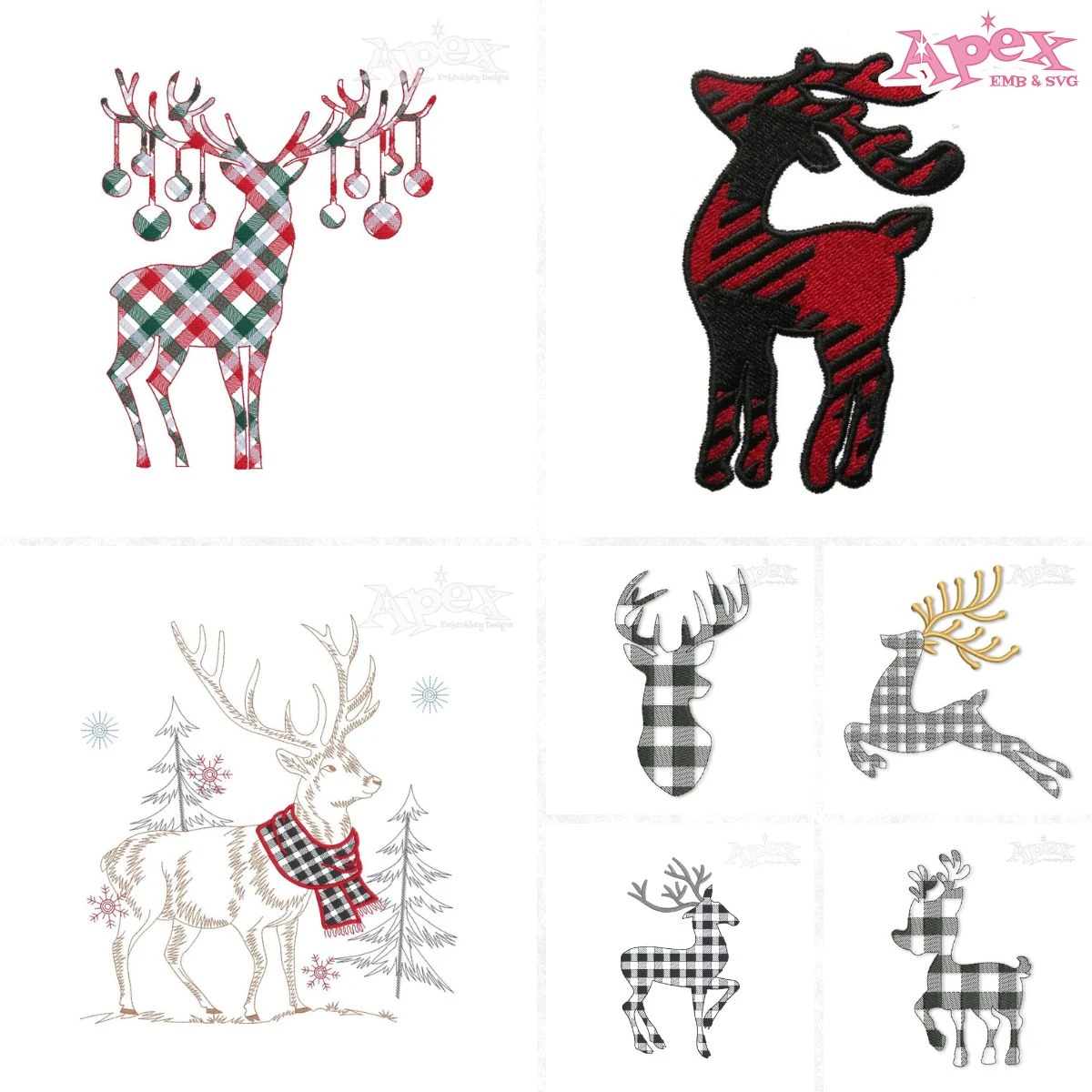 Plaid Reindeer Embroidery Designs Bundle thumbnail