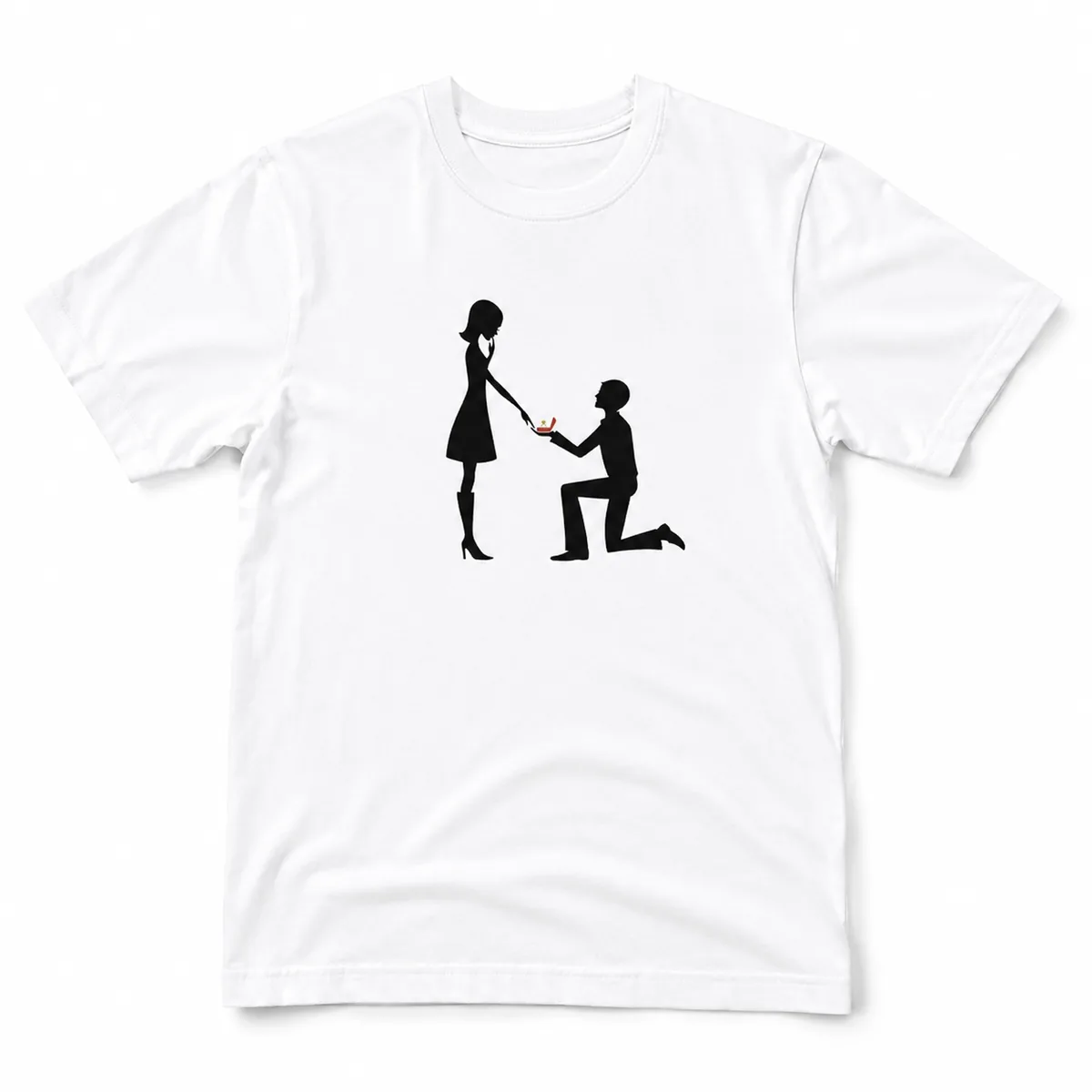 Romantic proposal couple silhouette SVG printed on a white T-shirt with man proposing on one knee