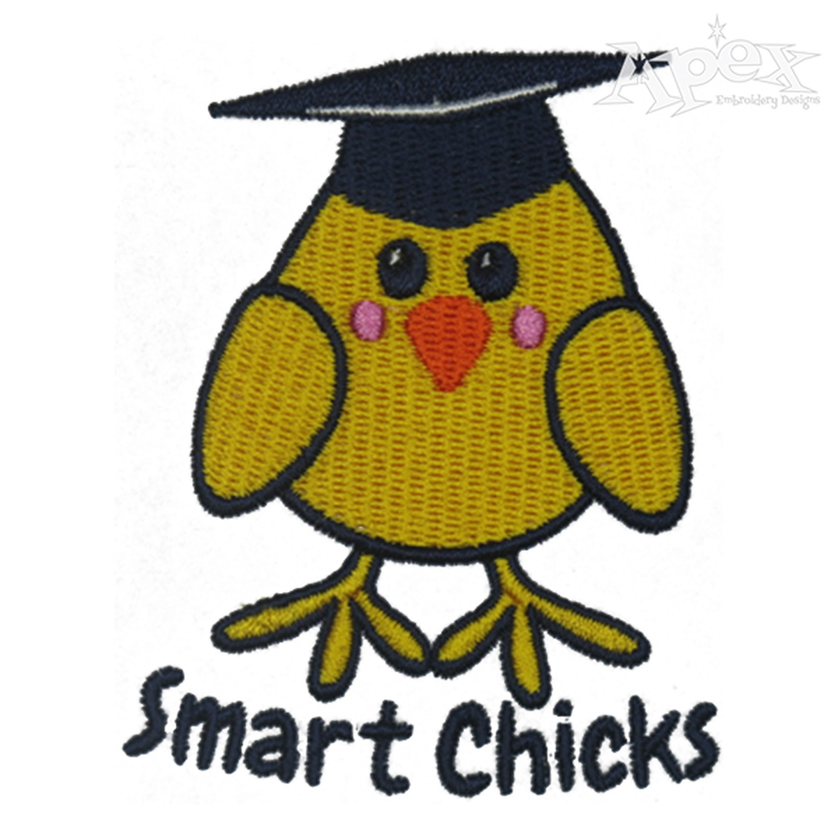 Smart Chicks machine embroidery design featuring a yellow graduate chick wearing a black cap with Smart Chicks lettering