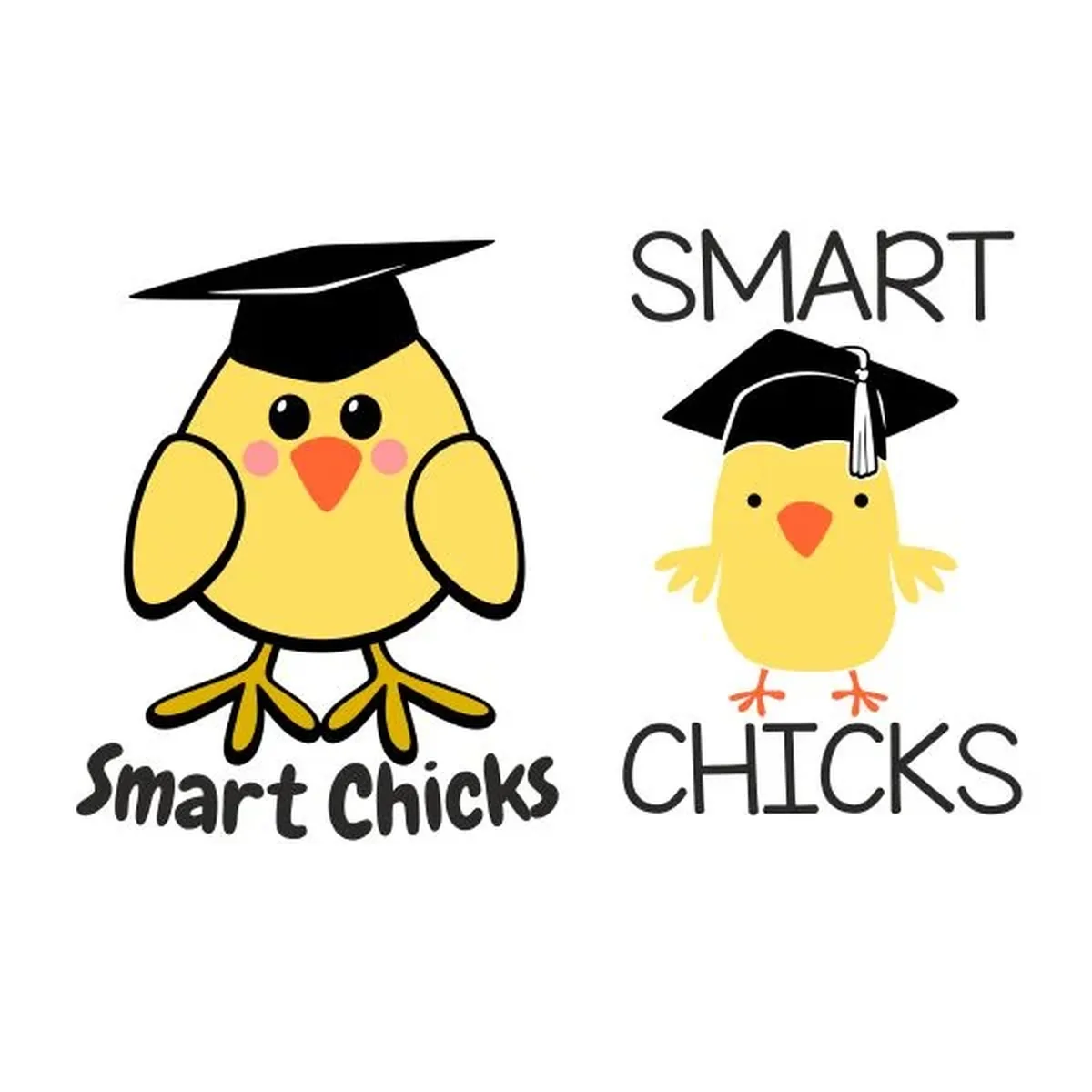 Smart Chicks graduation SVG preview showing two cute yellow chick designs wearing graduation caps for school and graduation crafts