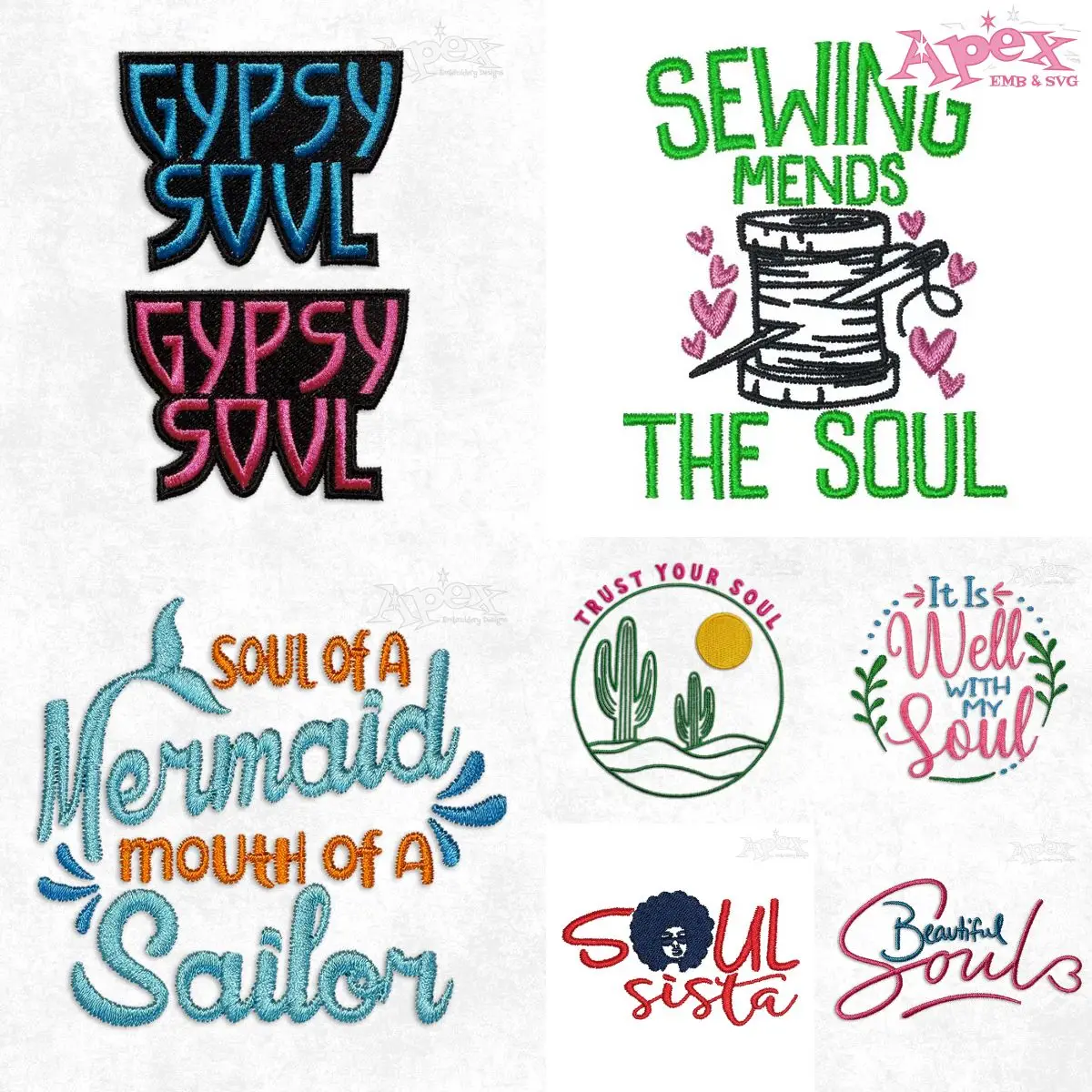 Soul Embroidery Designs Bundle thumbnail - 7 soul themed machine embroidery designs