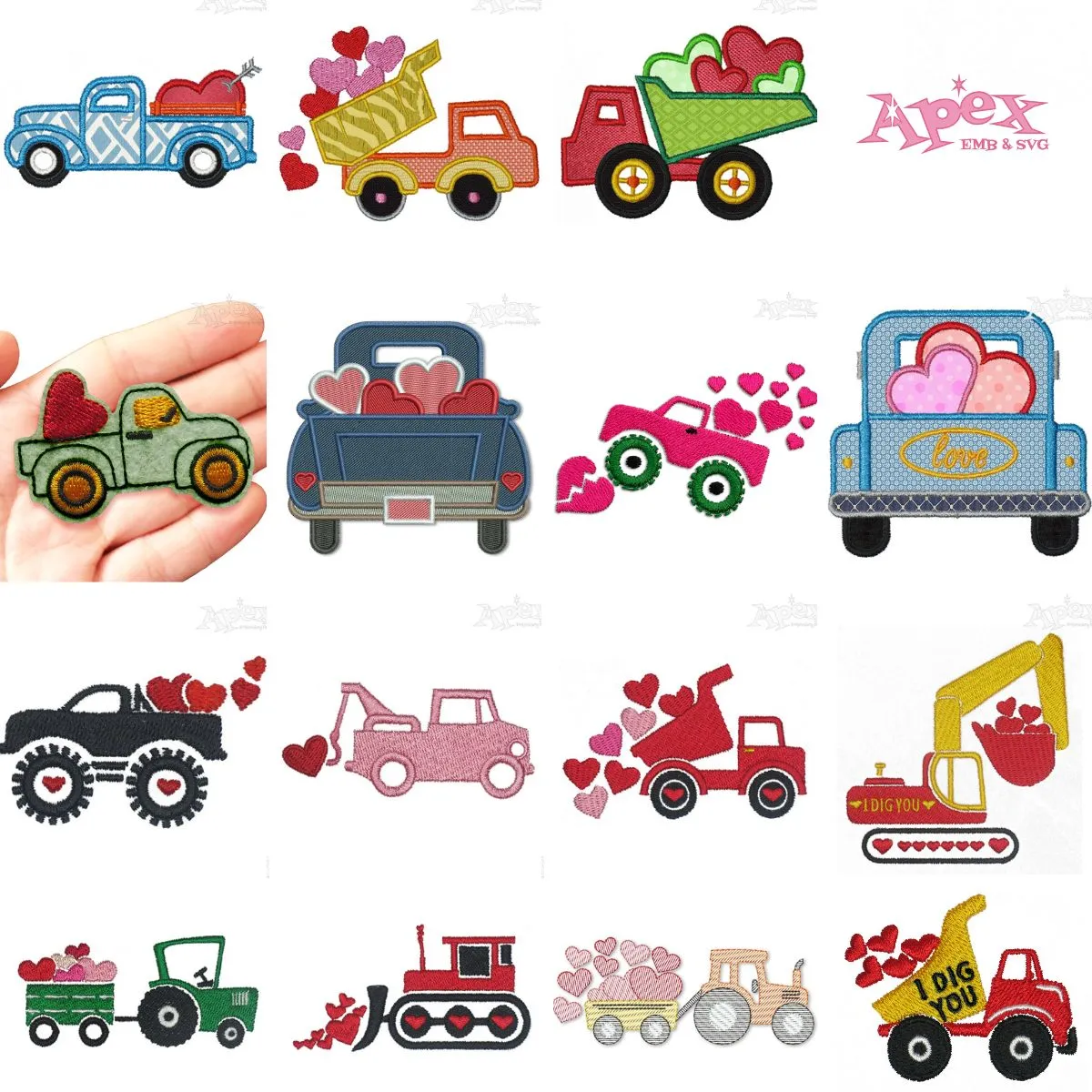 Valentine Hearts Tractor and Truck Embroidery Designs Bundle thumbnail
