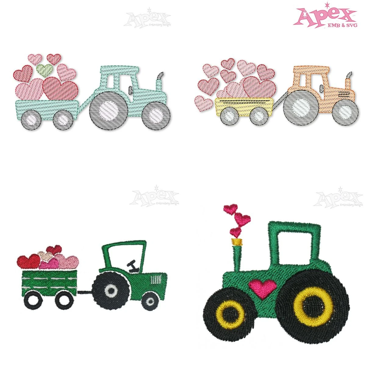 Valentine Hearts Tractor Embroidery Designs Bundle thumbnail