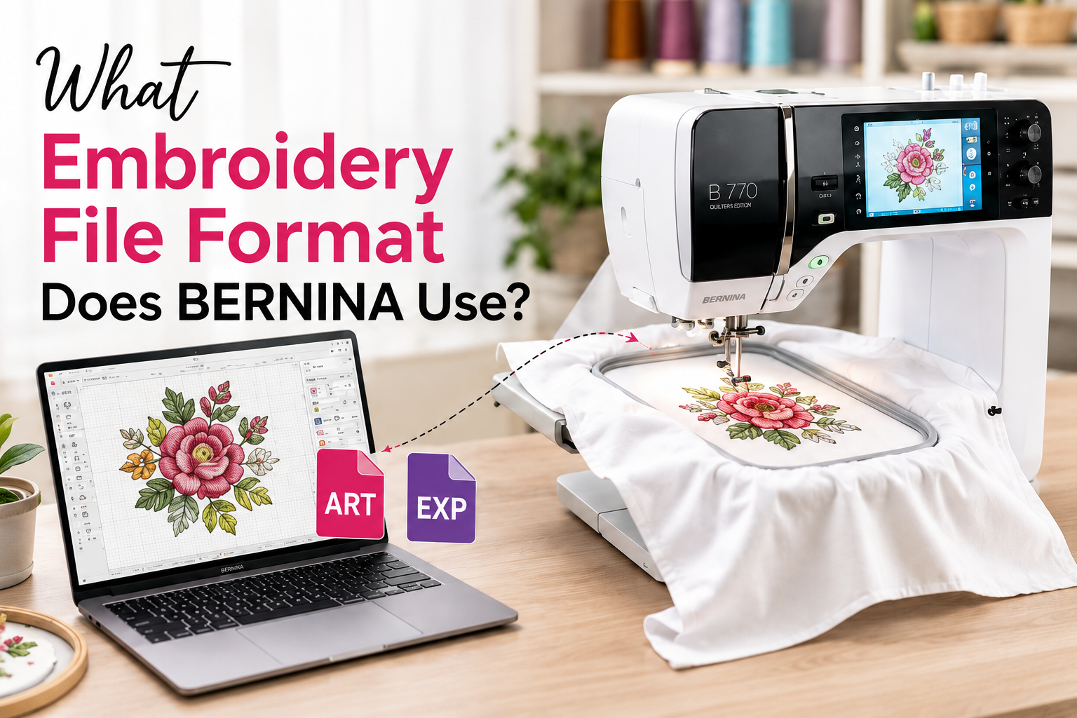 BERNINA embroidery machine with ART and EXP embroidery file formats displayed on laptop