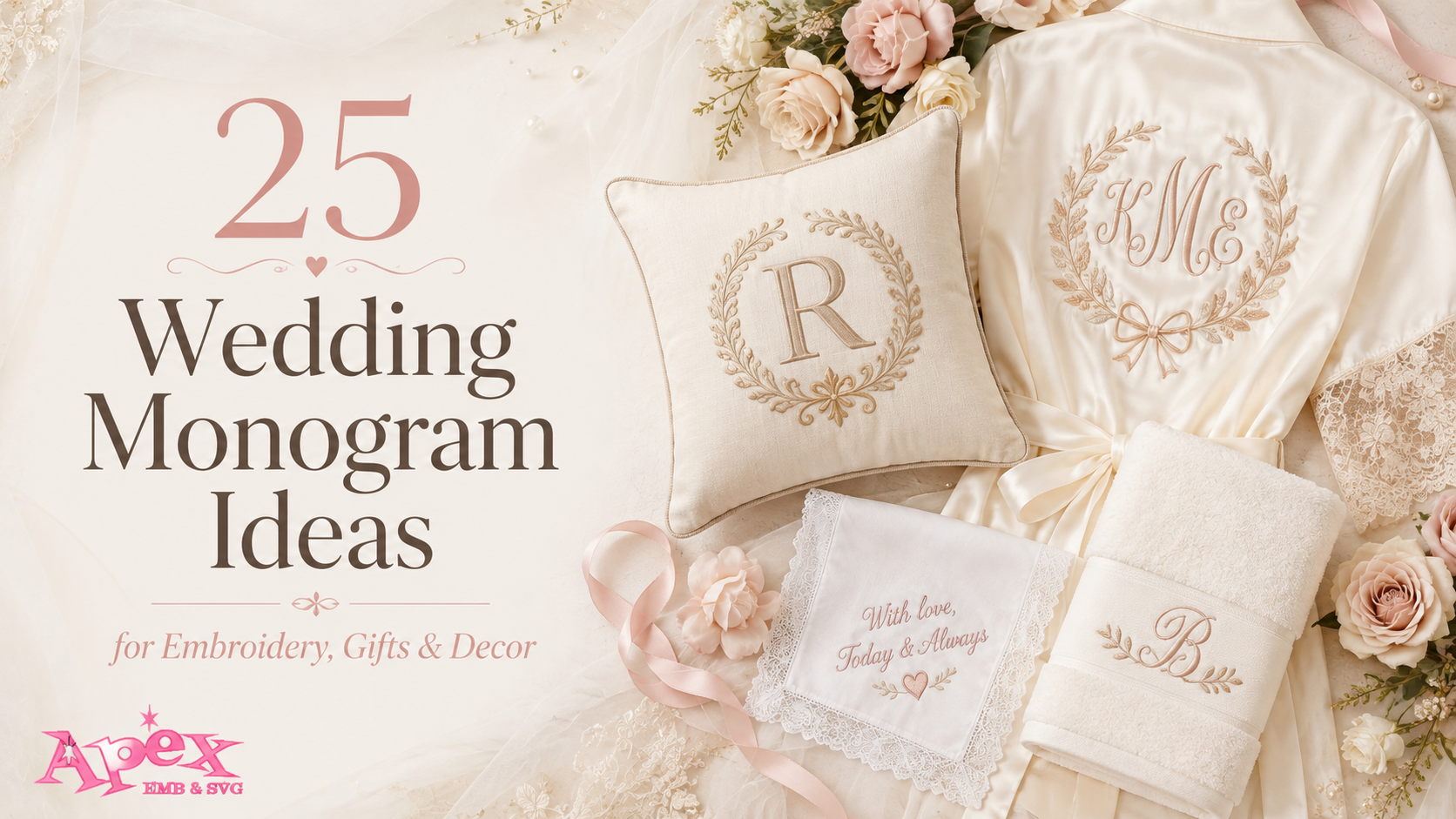 25 wedding monogram ideas featuring embroidered bridal robe, pillow, towel and wedding gifts