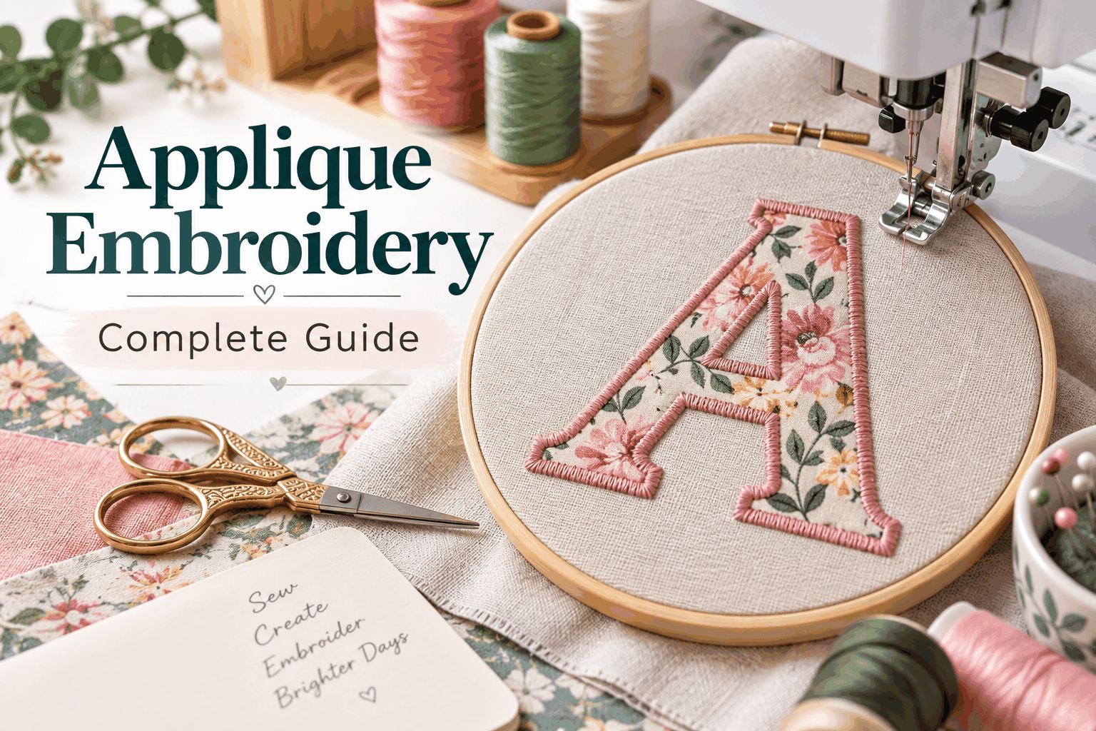 Applique embroidery with floral fabric letter stitched in an embroidery hoop