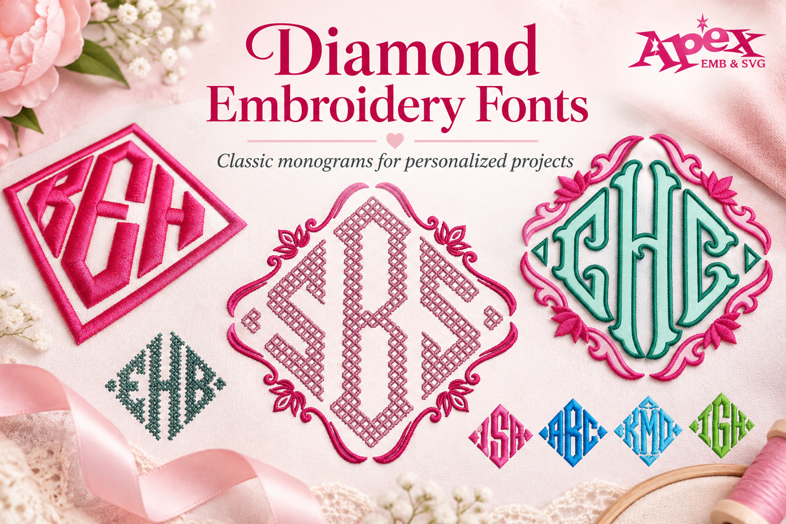 Diamond embroidery fonts and monogram styles by Apex Embroidery Designs