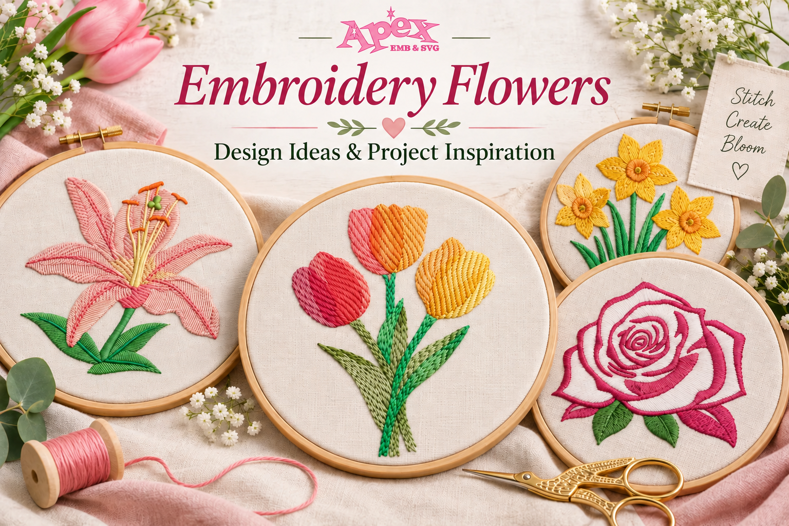 Embroidery flowers with lily, tulips, daffodils and rose designs by Apex