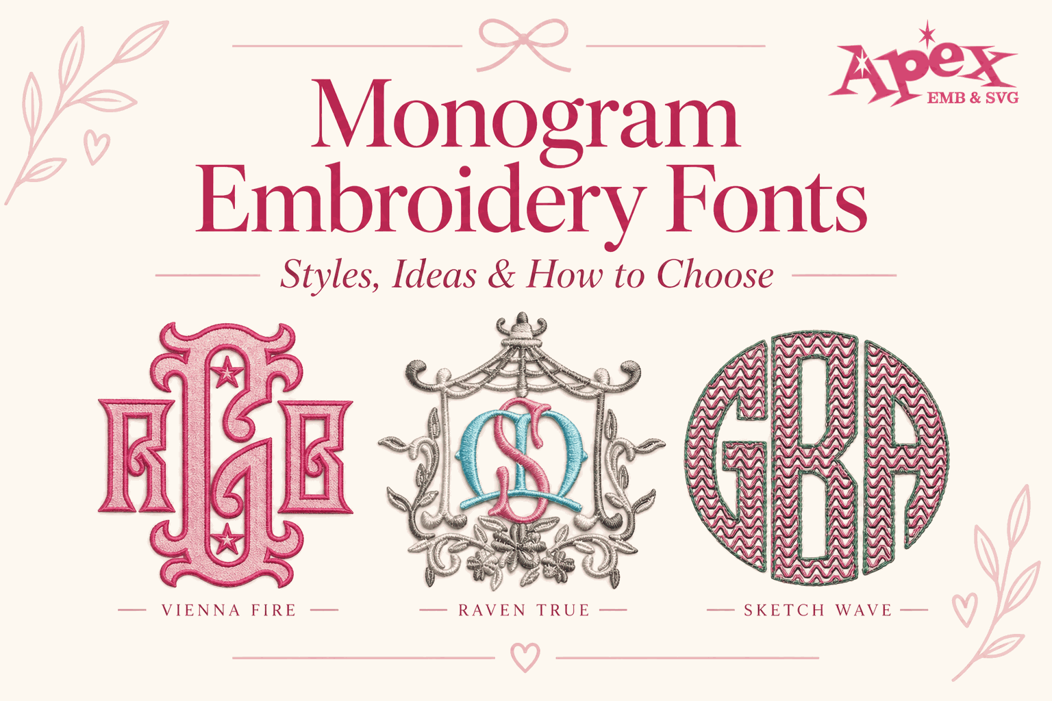 Monogram embroidery fonts styles guide featuring traditional interlocking and circle monogram designs