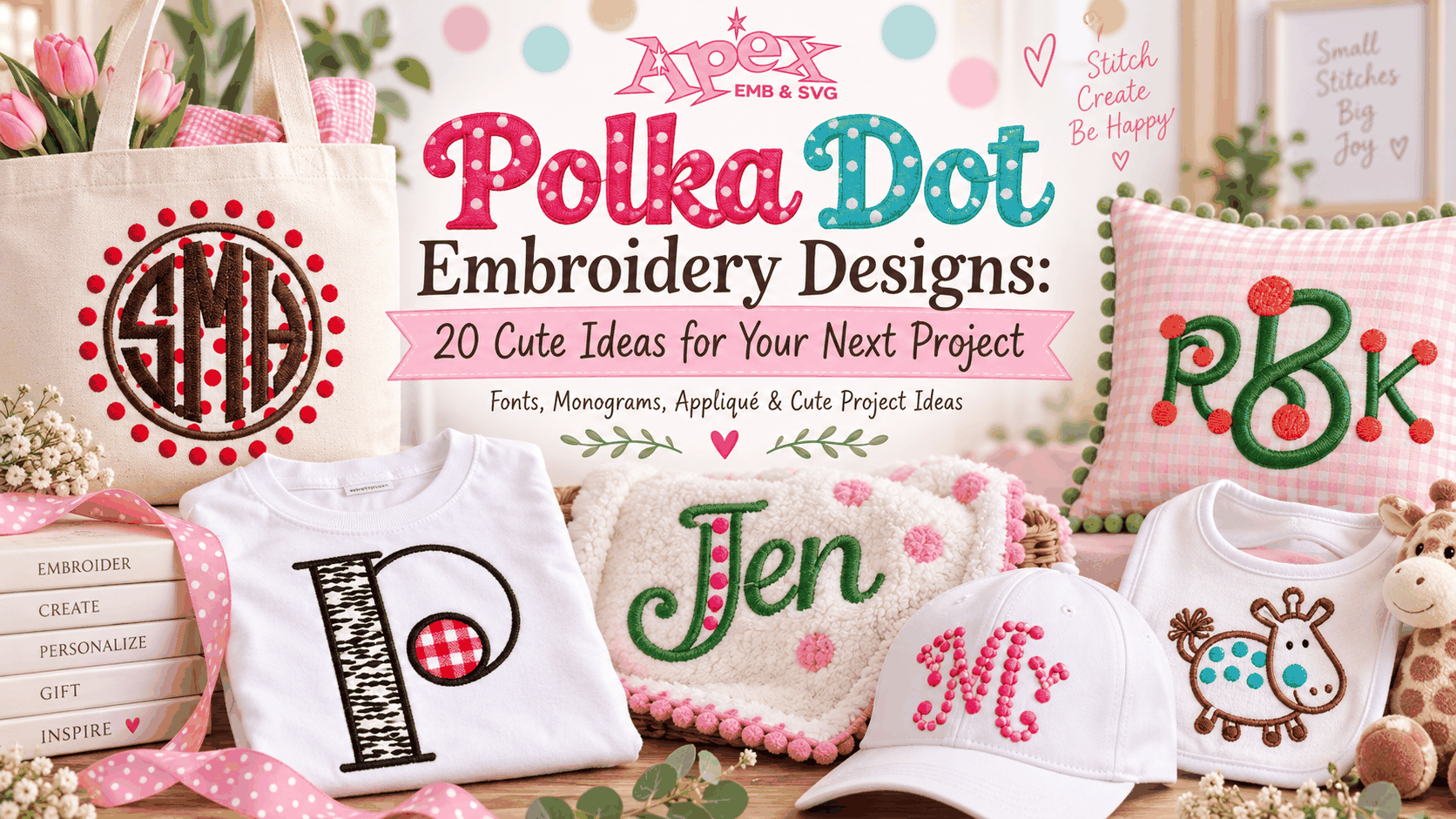 Polka dot embroidery designs with monograms, applique and cute project ideas