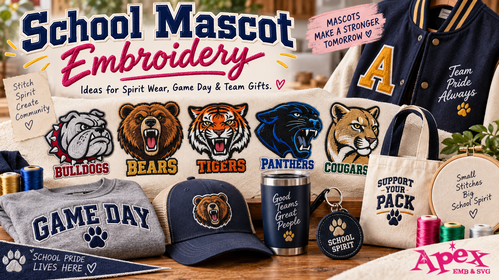 School mascot embroidery designs for spirit wear, game day and team gifts
