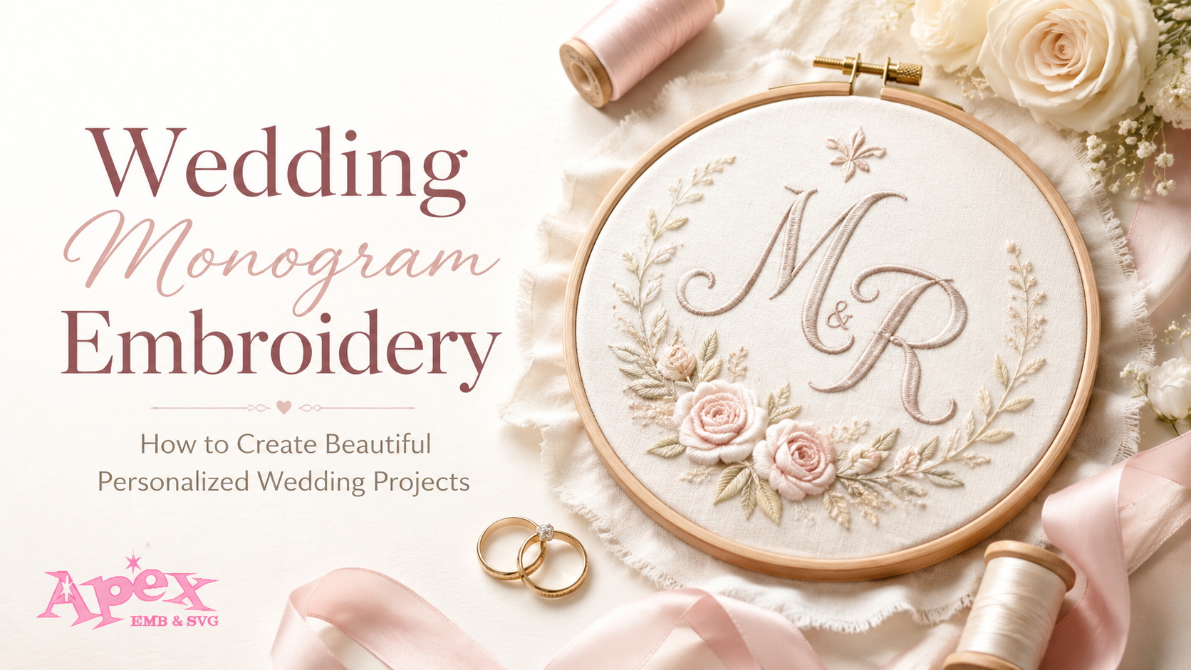Wedding monogram embroidery in an embroidery hoop with elegant floral details and personalized initials