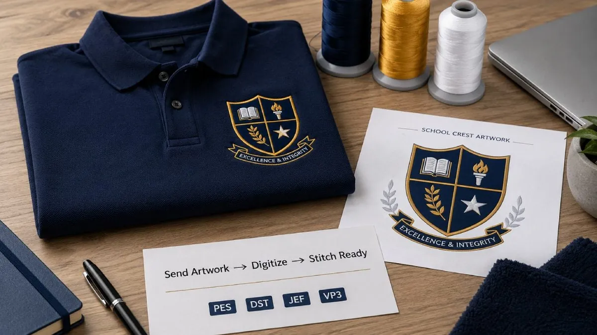 Apex can prepare school logo embroidery files for your machine, local embroiderer, or uniform supplier.