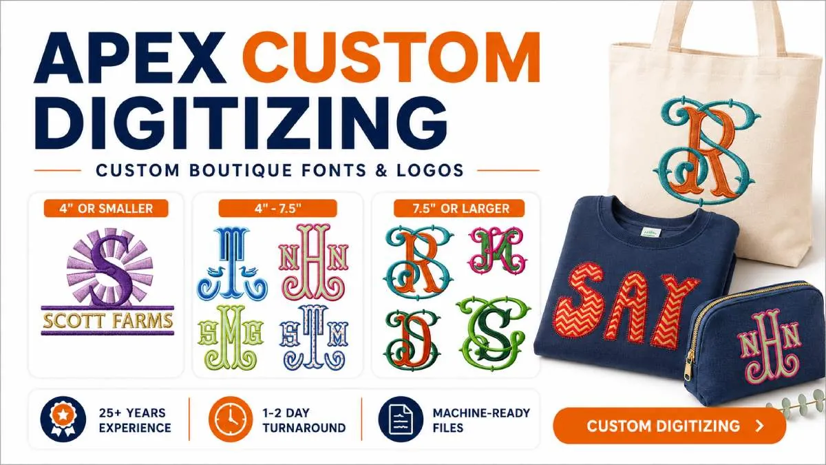 Apex with more than 25 years of digitizing experience in custom embroydery fonts and designs