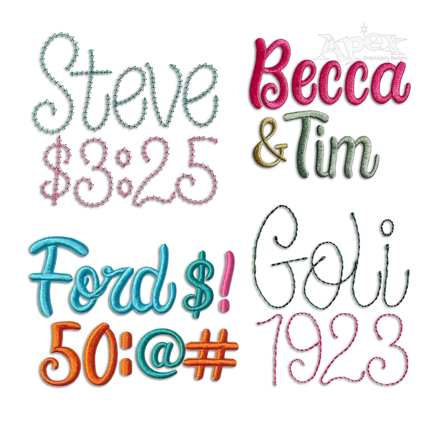 Aquata Script Regular 3D Puff Chain Stitch Embroidery Font Apex All