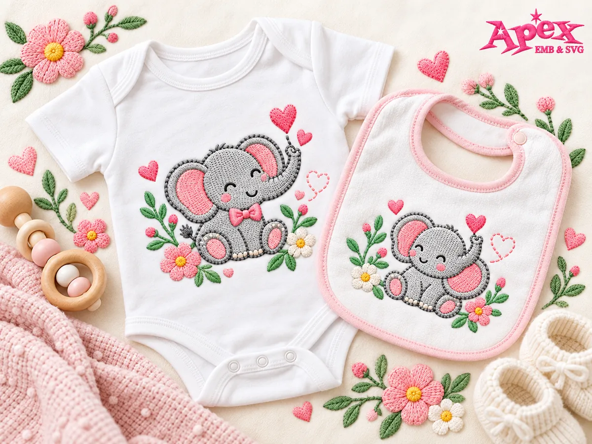 Baby elephant embroidery designs on a onesie and bib