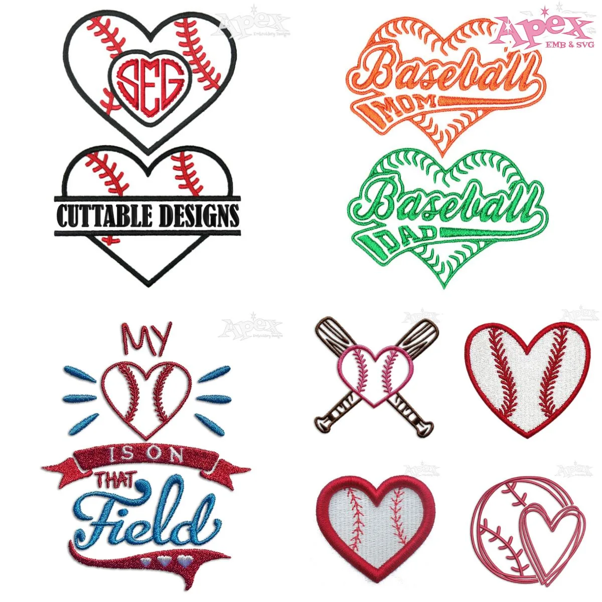 Baseball Heart Embroidery Designs Bundle — Mom, Dad, 3D Puff & Frame