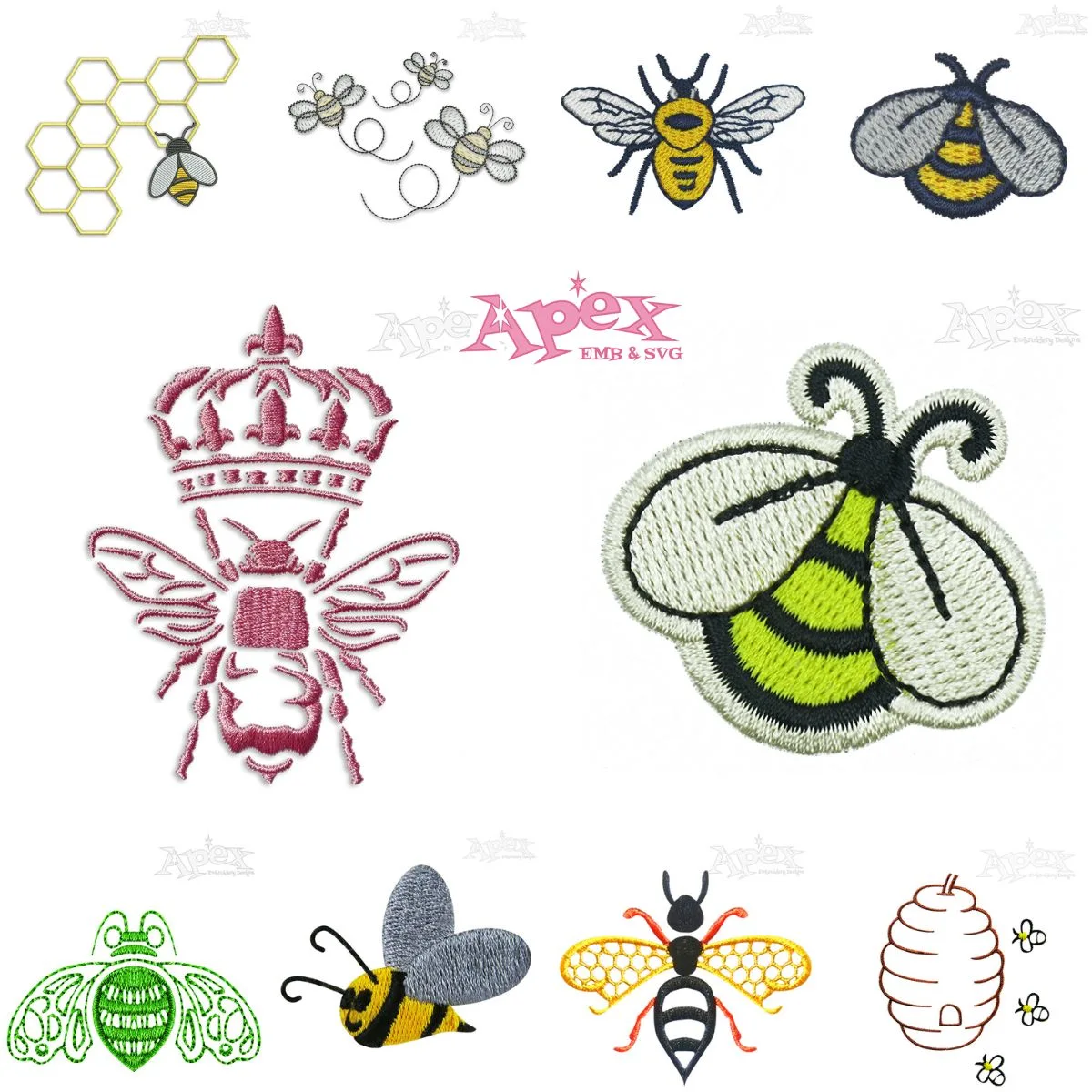 Bee & Honeycomb Embroidery Designs Bundle (10 Designs)