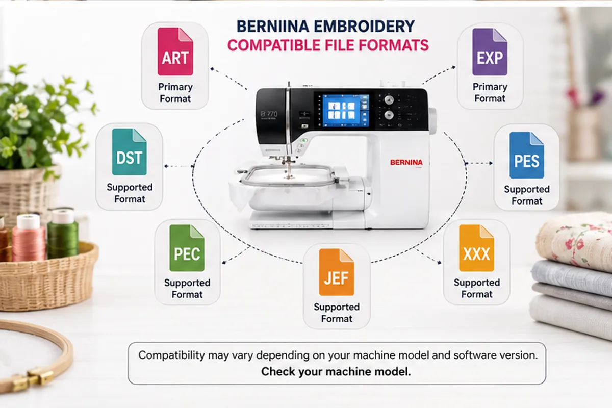 BERNINA embroidery machine compatible with ART, EXP, DST, PES, PEC, JEF and XXX file formats