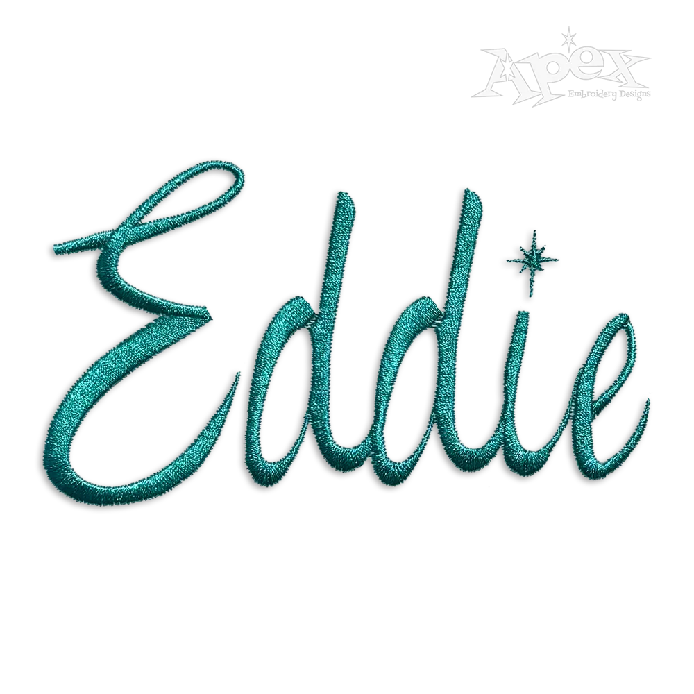 Bewitched embroidery font stitching the name Eddie in teal script with a sparkle over the i