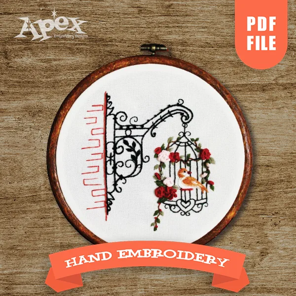 Bird in Cage Hand Embroidery Pattern - PDF File
