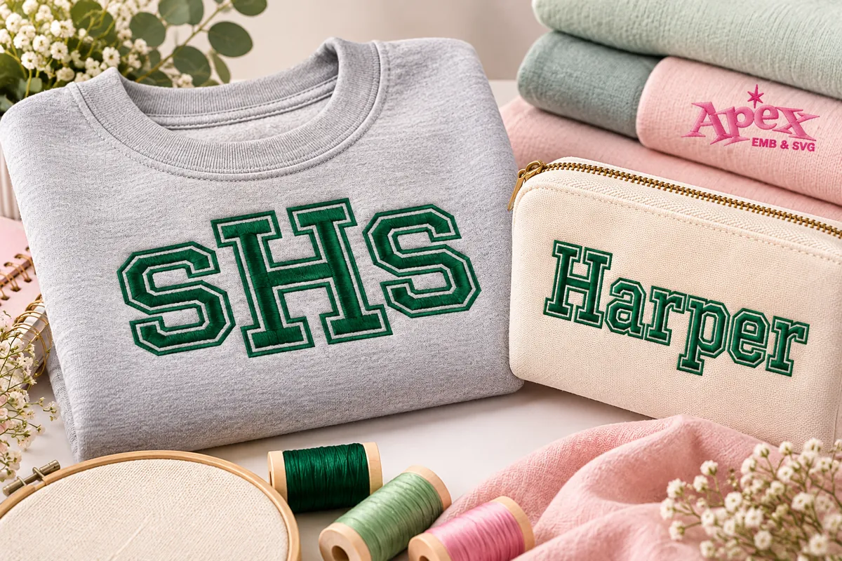 Block Outline embroidery font for varsity initials and personalized name Harper
