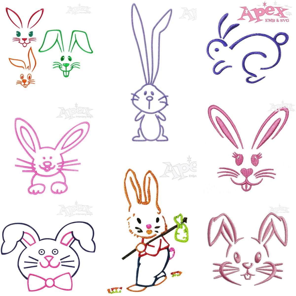 Outline Bunny Embroidery Designs Bundle thumbnail