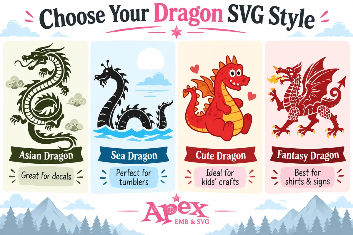 Choose a dragon SVG style for decals, tumblers, kids crafts, shirts and signs