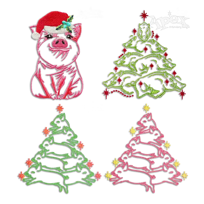 Christmas Tree Cute Baby Pig Boar Machine Embroidery by Apex All