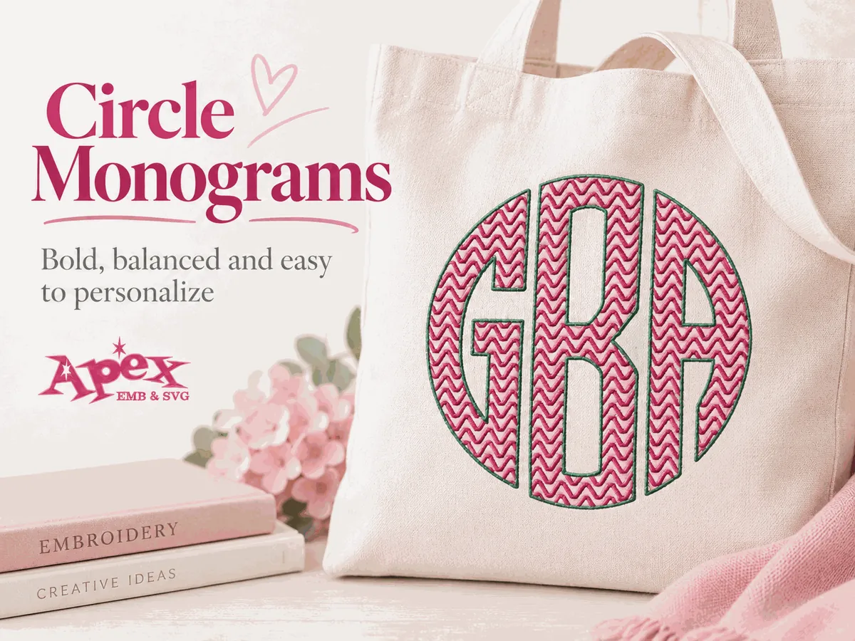 Circle Monogram Embroidery Fonts for Bags and Apparel