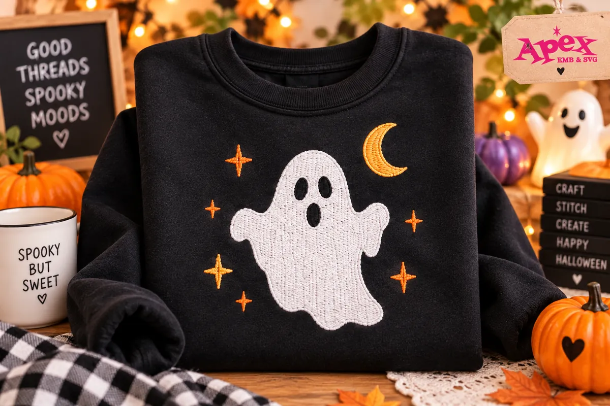 Classic white ghost embroidery design with orange moon and stars on a black sweatshirt