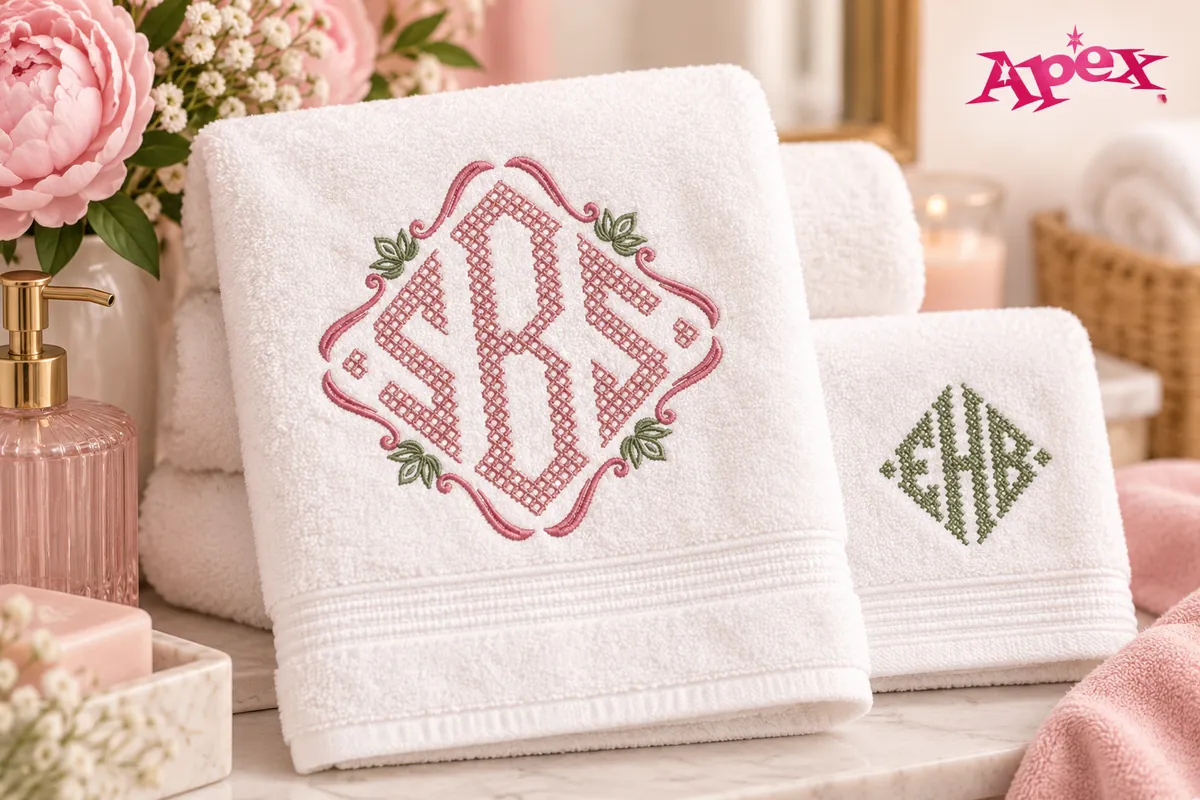 Colorful diamond monogram embroidery font samples in pink blue aqua and green